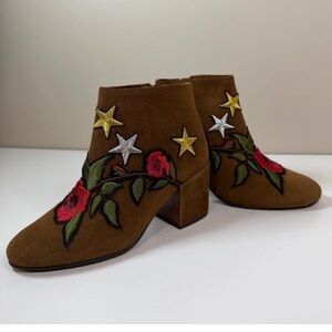 gentle souls Brown Suede Embroidered Rose & Star Ankle Boots